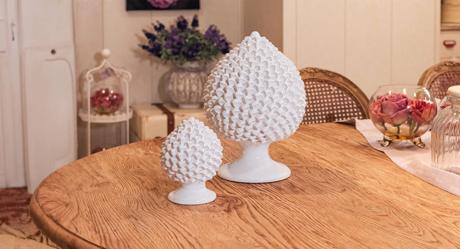Caltagirone pine cones from the White Line, traditionally kept on a doorstep or gatepost