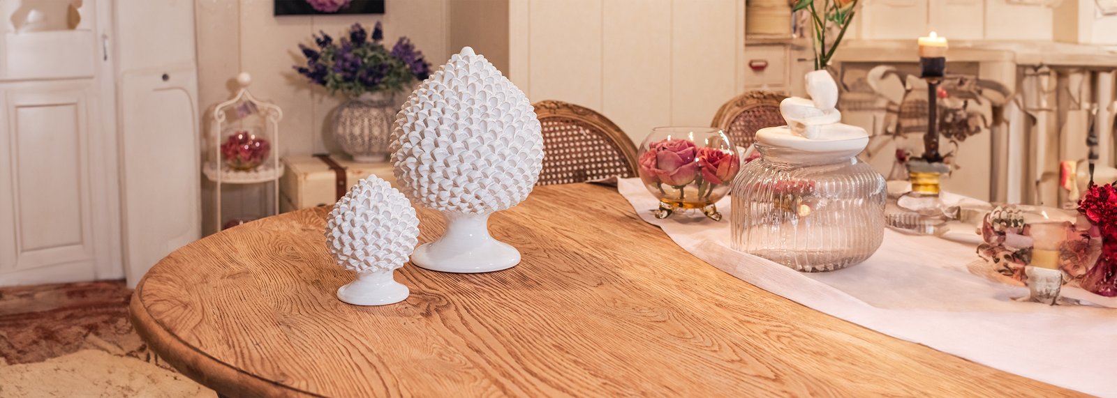 Caltagirone pine cones from the White Line, the kind of piece traditionally kept on a doorstep or gatepost