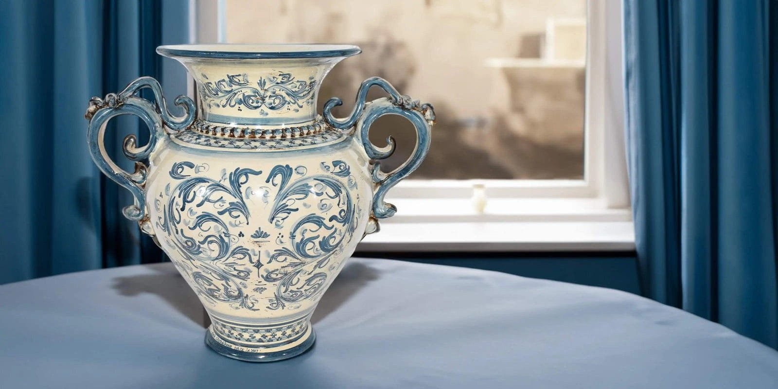 Caltagirone majolica vase with blue Baroque scrolls on a white glaze, handmade in Sicily by Sofia Ceramiche